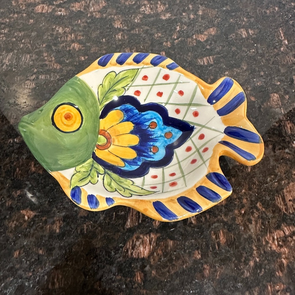 Maxcera Terra Bella Hand Painted Ceramic Fish Dish Plate Colorful Floral Glazed